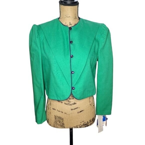 NWT Deadstock Vintage 80s Bright Green Cropped Puff Sleeve Blazer - Picture 1 of 16